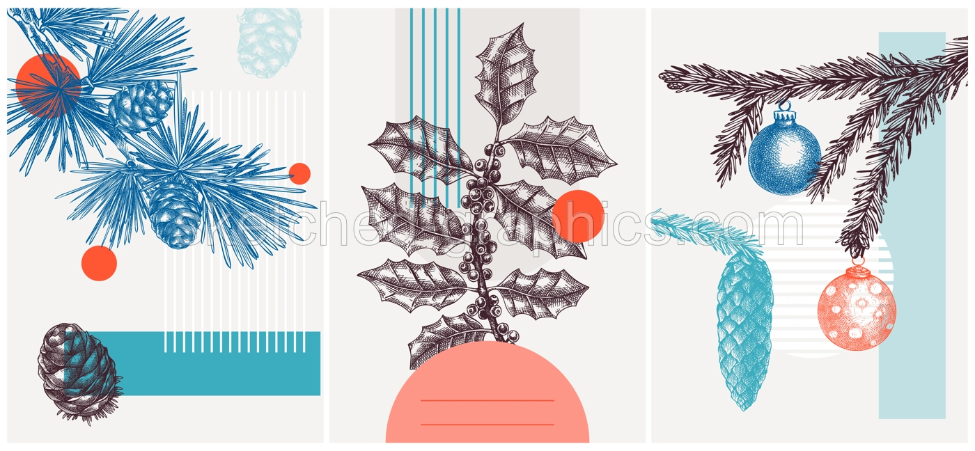 Collage style winter vector illustration. Larch, fir, holly plant sketches. Trendy Christmas design with botanical drawings and geometric shapes. Christmas card, invitation, poster, print, wall art Illustration
